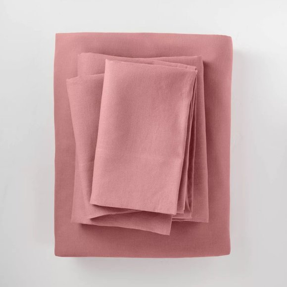 Casaluna 100% Washed Linen Solid Sheet Set - Rose - Picture 2 of 5